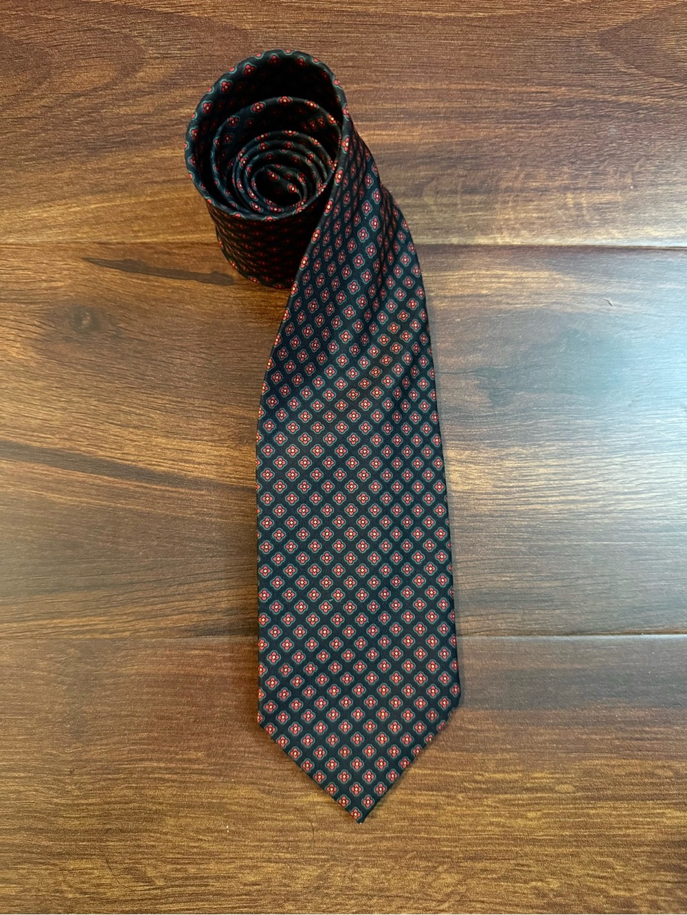BALMORAL Classic Silk Black Tie with Red Floral Motif Made in Scotland